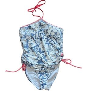 Gossip juniors one piece blue and white tropical print swimsuit with coral trim